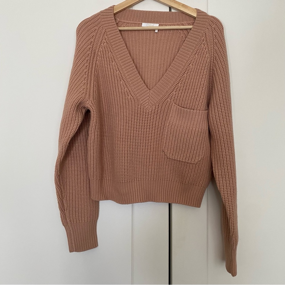 Chloe Pink Pocket V-Neck Sweater - Picture 2 of 4